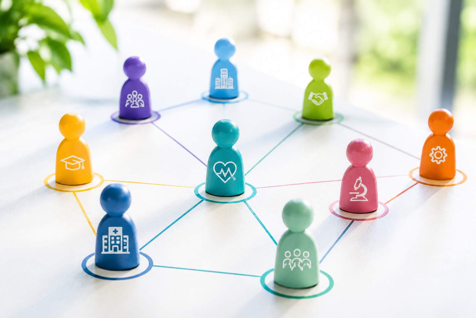 Colorful pawn figures linked by lines, with icons for health, education, science, business, and teamwork.